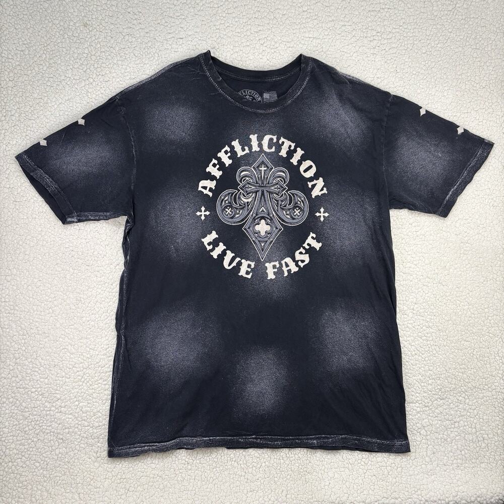 Affliction LIVE FAST Mens T Shirt‎ 3XL Distressed Double Sided Grey Graphic Y2k